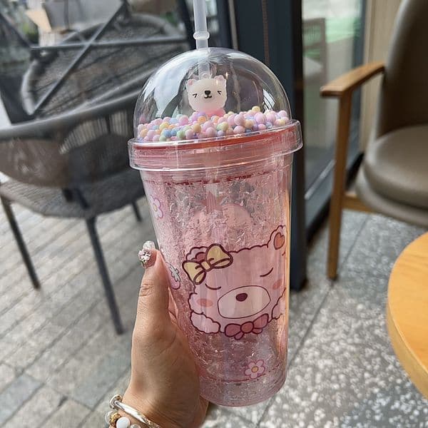 15.2oz Kids Plastic Tumbler with Straw Dome Lid Cute Bear Print Leakproof Cup Colorful Beads