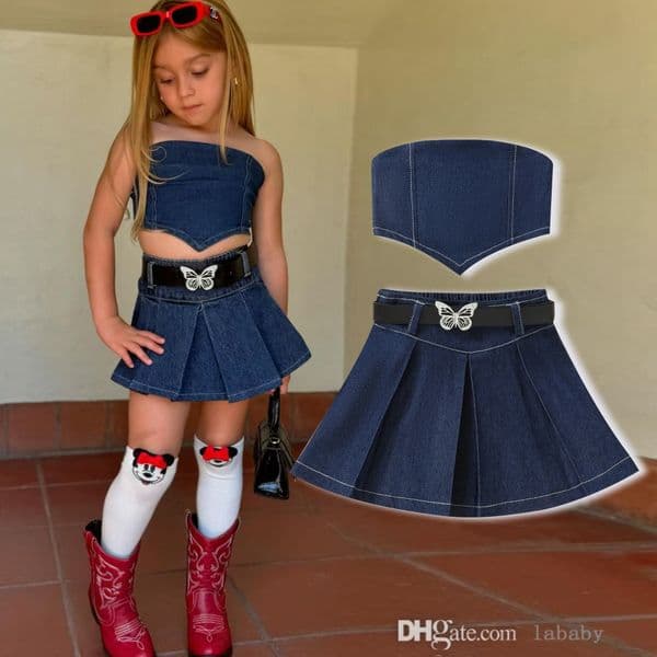 Kids Clothes Baby Girls Denim Skirt Set Childrens Clothing 2025 Summer Fashion Two Piece Set Sleeveless Top+Pleated Skirt With Bow Belt