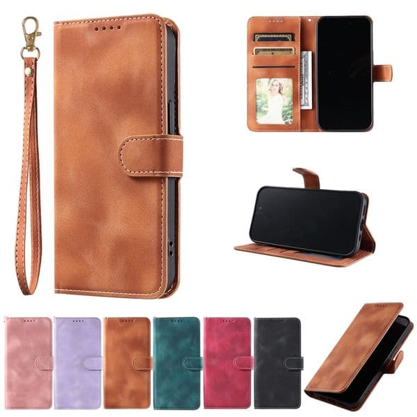 Oil Plain Leather Wallet Cases For Iphone 17 Air 16 15 Plus 14 Pro Max 13 12 11 X XR XS 8 7 Iphone17 Business Retro Credit ID Card Slot Holder Kickstand Flip