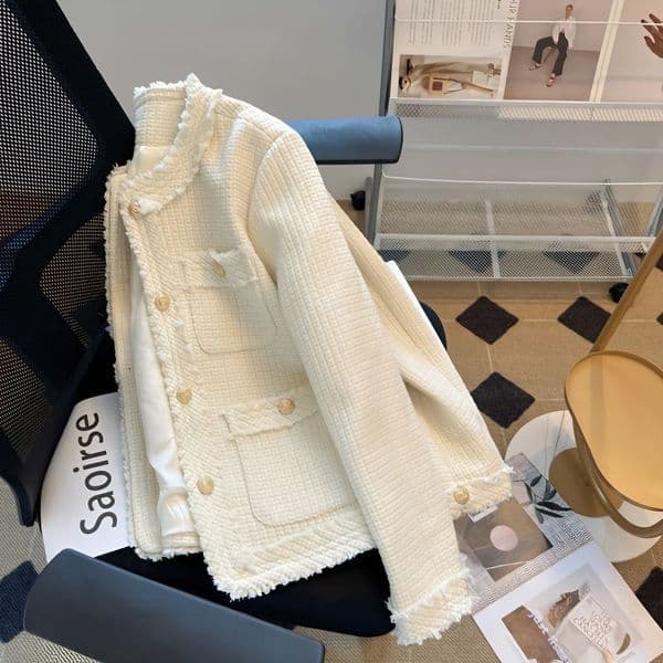 Womens Jackets White Tweed Short Jacket Women Fashion Elegant O-Neck Single Breasted High-End Coat Fall Winter Warm Office Lady Casual