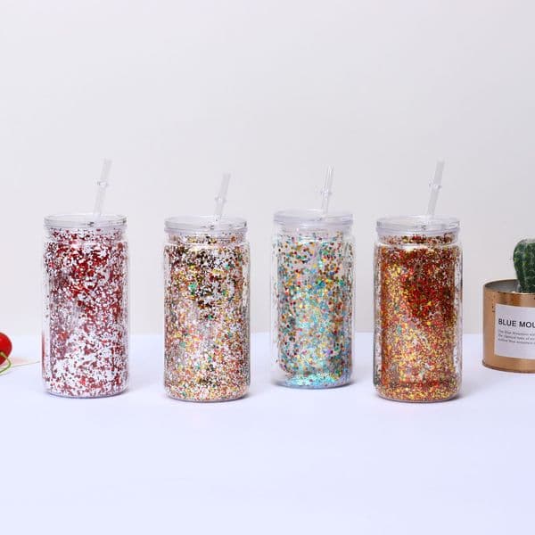 16oz Reusable Glitter Tumbler Cup Plastic Cold Beverage Cup With Straw For Iced Coffee Water Travel