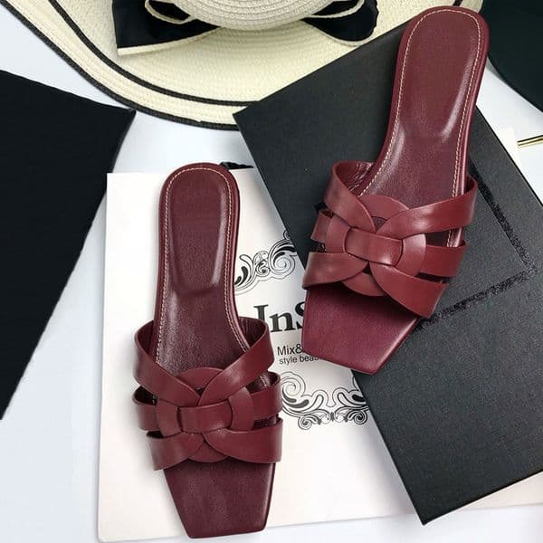 Top quality fashion slides slippers sandal Square open toes Beach flats shoes Vacation shoes Real leather Luxury designer slippers for womens mocassin