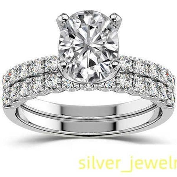 AAA Gems 14K White Gold Ring Emerald/Radiant/Cushion/Pear/Heart Moissanite Ring 4-Prong Semi-Eternity Wedding Set Ring