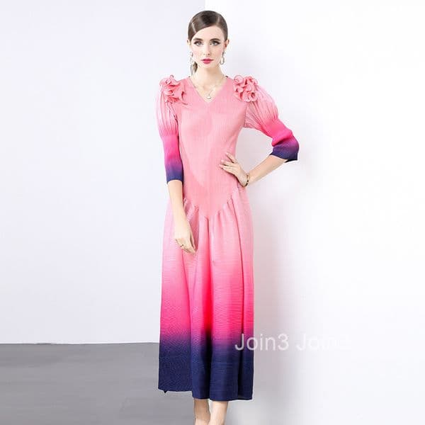 Miyake French plus size dress 2024 gradient pleated womens dress long skirt