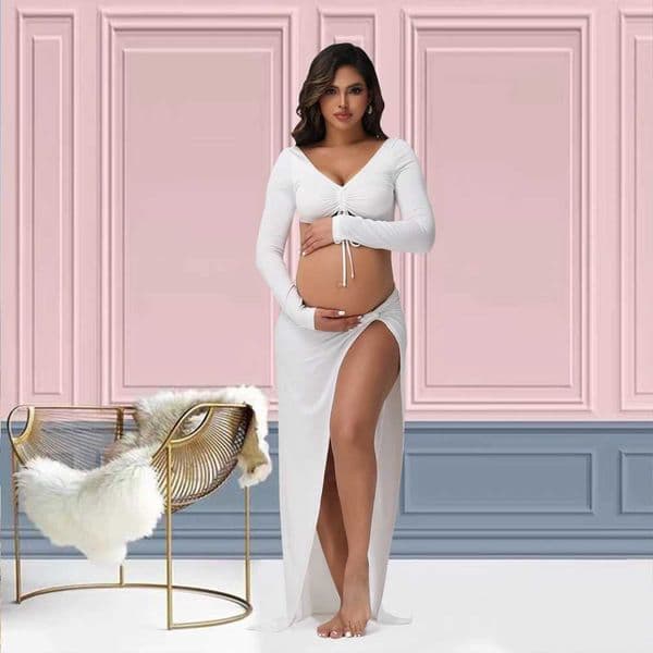 Pregnant Women Clothing Dress Maternity Cut Out Backless V Neck Rawstring Top Slit Skirt Set Baby Shower Evening Gown X250224