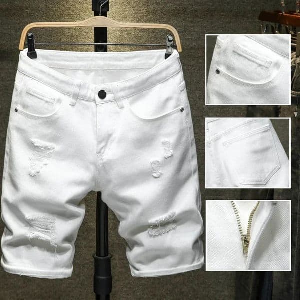 White Denim Shorts Men Ripped Knee Length Fashion Jeans Casual Hole Slim Male Short Pants Streetwear 250604BJ