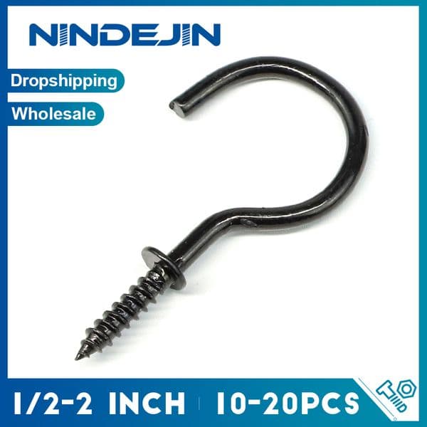 NINDEJIN Screw Hooks 1" 2" Black Heavy Duty Wood Wall Ceiling Hooks Plant 1/2" 3/4" Jewelry Hooks for Hanging String Lights