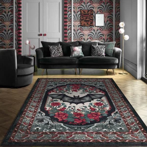 Gothic Rug Welcome Mat Bat Home Decor Black and Wine Red Polyester Carpet Goth Room Decor Victorian Rug for Halloween Home Decor