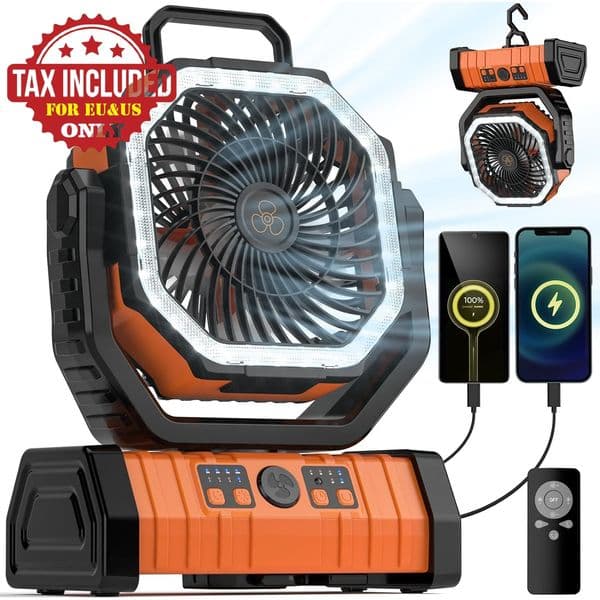 Rechargeable Battery Powered Fan, 20000mAh Portable Camping Fan with Adjustable Head, 4 Speeds LED Light, Quiet Outdoor Fan for Tent, Desk, Travel, Home Use