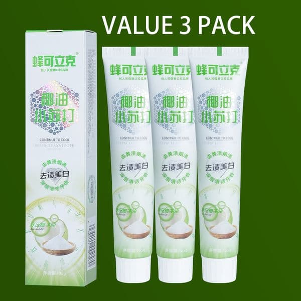 Coconut oil toothpaste, baking soda toothpaste, vitamin C whitening toothpaste, removes tartar, brightens breath, maintains oral