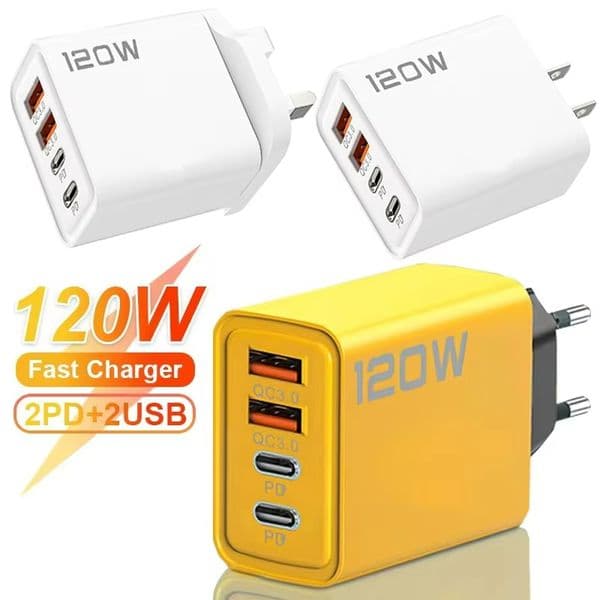 120W 4 Ports USB C PD Charger Quick Charge QC3.0 Fast Charging Type C Phone Charger Adapter for IPhone 16 15 14 13 Samsung Xiaomi