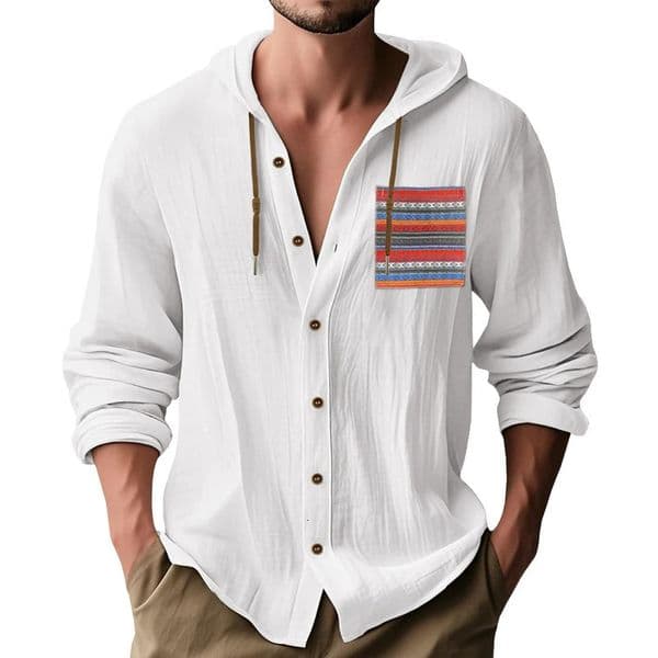 Spring/Summer Product Mens Bohemian Style Cotton Hemp Casual Breathable Loose Hooded Long Sleeve Shirt Men 250606BJ