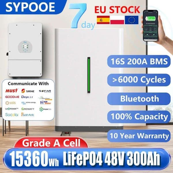 EU LiFePO4 48V 300Ah Battery Pack 200Ah 150Ah 100Ah Portable Wheeled 15Kwh 10Kwh 6000+ Cycle Bluetooth 51.2V Lithium Ion Battery