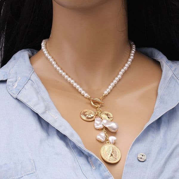 Vintage-Inspired Beadwork Collar Necklace: Baroque Design w/Portrait Coins