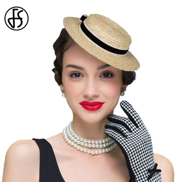 FS Flat Top Straw Hat With Velvet And Crochet Ribbon Bow Short Brim Cocktail Tea Party Cap Fascinator Hats For Women 250610