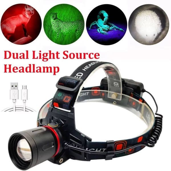 F2 Green/Red/UV Led Light Headlamp Zoomable Head Lamp Torch 4 Modes Headlight USB Charging Fishing Hunting Camp Flashlight