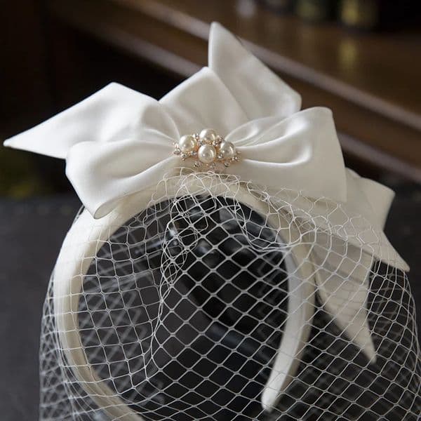 White bridal hairband Mesh Satin Bow Headband Vintage Fairy Bridal Wedding hair Accessory 250611BJ