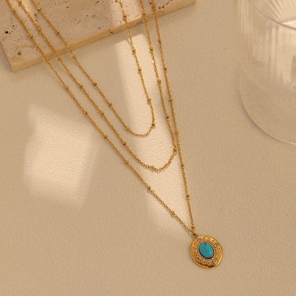 Fashion Style Simple Personality Inlaid Turquoise Oval Layered Necklace for Women Titanium Steel Versatile Jewelry