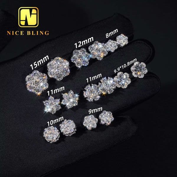 Ready to Ship FULL SIZES Moissanite Flower Stud Earrings Cluster Ear Studs Pass Diamond Tester Hip Hop 925 Silver Gold Plated