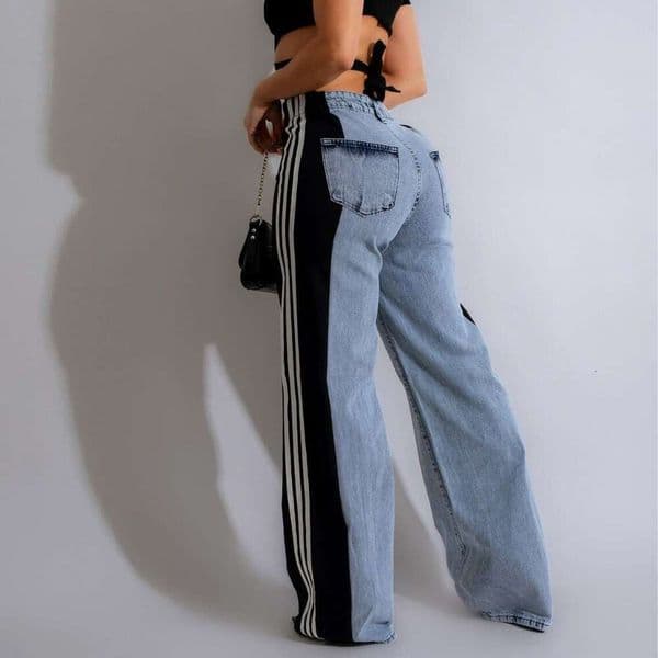 Summer Fashion Patchwork Design Three-Stripe Wide-Leg Jeans Women's Casual High-Waist Stretch Straight Pants 2025 Elegant Versatile New Trendy Clothing Ins