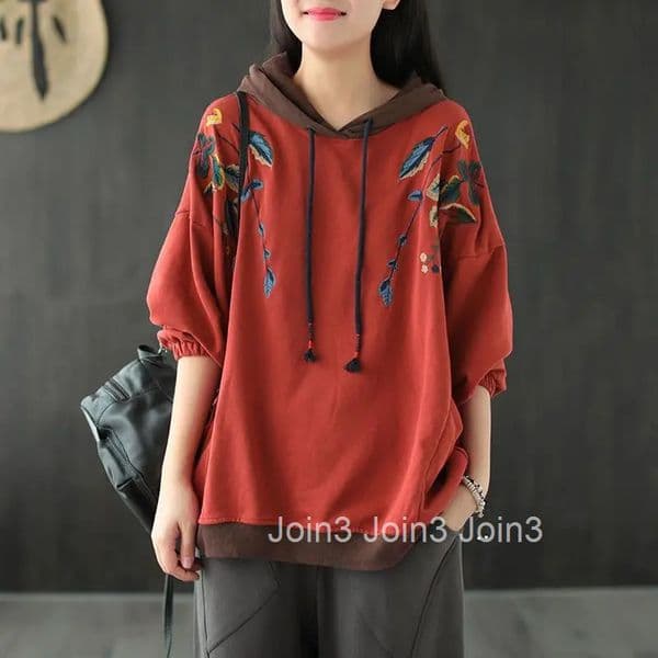 Red Hoodies Hip Hop Embroidered Hooded Top Grunge 2025 Womens Sweatshirt Baggy Sport Loose with Orint on Emo Xxl Woman Clothing