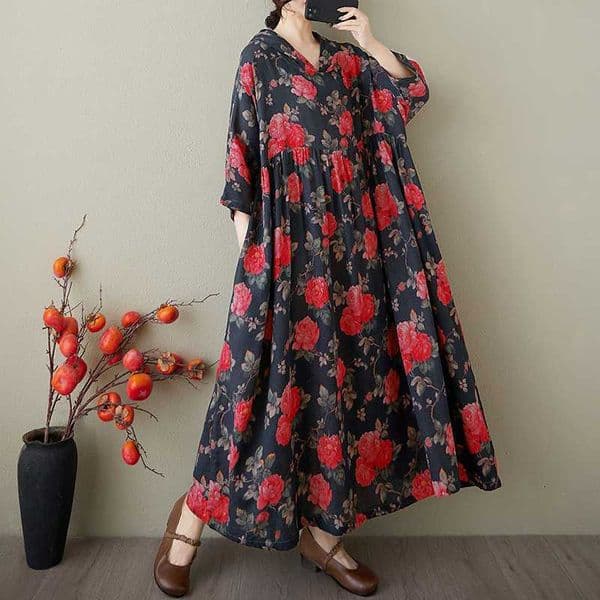 Designer plus size dress2025 Summer New Vintage Plus Size Loose Cotton Linen Hooded Printed Dress for Women