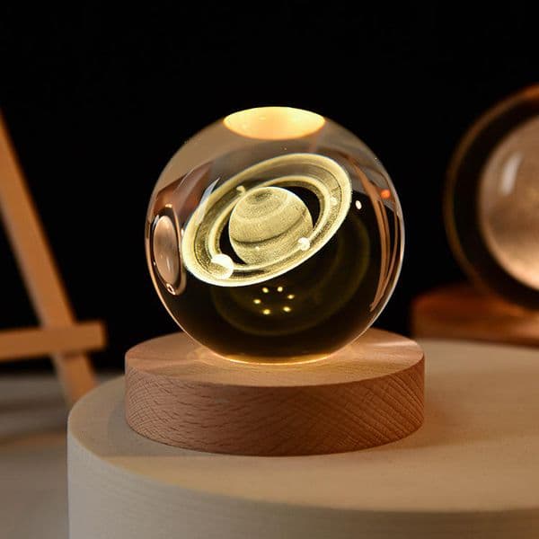 3D Crystal Ball Night Light, USB 3D Galaxy Crystal Ball, 6 cm Warm Light LED Ball Lamp with Wooden Base, Planet Lamp for Christmas, Valentine's Day, Astronomy Gift