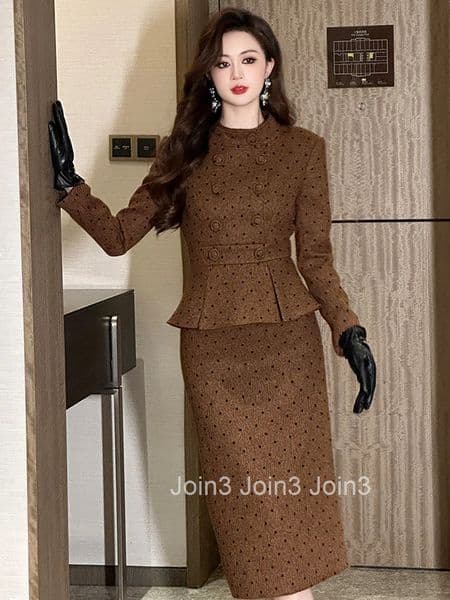 Women Clothes Retro Tweed Formal Occasion Fake 2-Piece Dot Double Breasted Ruffle Slim Midi Pencil Dress Elegant Vestidos Casual