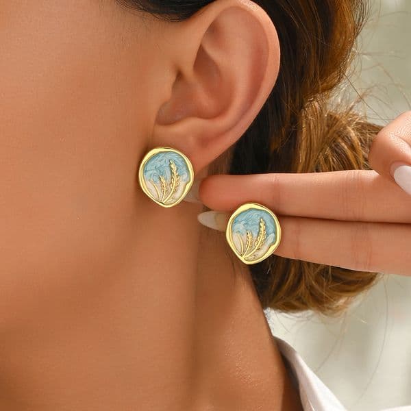 Sweet Fresh Style Women's Drip Oil Lavender Plant Design Stud Earrings Ear Jewelry