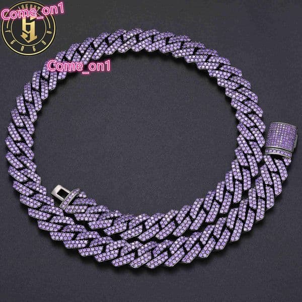 Rapper Fashion Gift Jewelry Black Plated Brass 14mm 2 Rows Zircon Diamond Purple Cuban Link Chain Hip Hop Necklace Men Jewelry