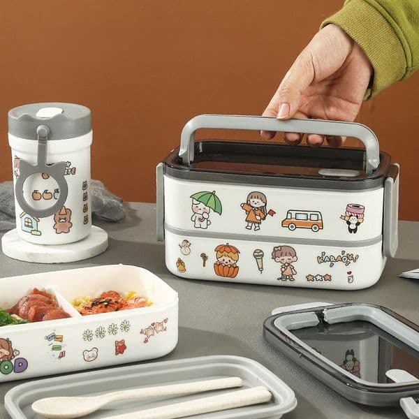 Japanese Style DIY Double-Layer Bento Salad Work Breakfast Cup Microwaveable Heating Lunch Box Gift Portable