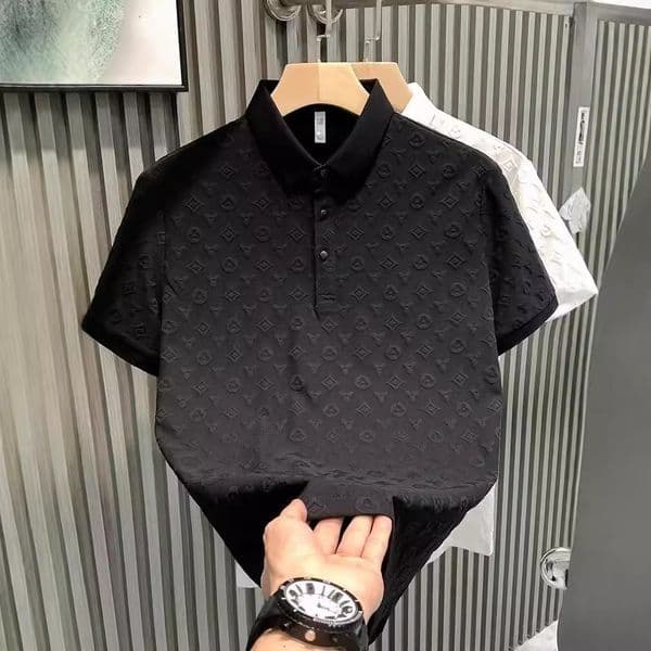 Ice silk short-sleeved polo shirt men jacquard summer loose trend half sleeved clothes lapel shirt T-shirt 2025