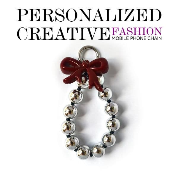 Red bow, silver metallic pearl bracelet phone strap Creative pairing, stylish design Anti-loss, easy to grab