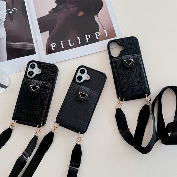 PR Designer Phone Case Wallet Card Holder Case Airpodspros Max Leather Iphone 17 Pro Max Crossbody Mobile Cover Lanyard Sling Handbag Cases