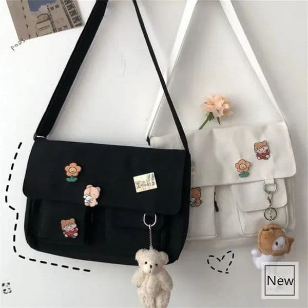 Japanese Harajuku Cute Retro Girl Shoulder Bag Chic Badge Canvas Crossbody School Bags Student Solid Color Messenger Satchel 250930BANJIA