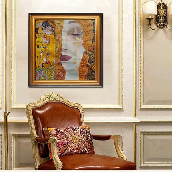 Framed Art Quality Hand Painted Oil Painting, Gustav Klimt The Kiss Figures Freya's Tears Repro Canvas Classic Wall Art For Living Room Home Decor