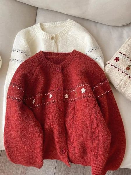 Christmas Red Flower Embroidered Knitted Cardigan AutumnWinter Womens Round Neck Single Breasted Sweater Warm Jacket 250930