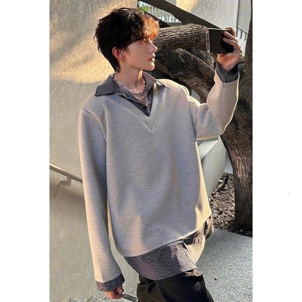 Gray Polo Sweatshirt Designer Shirt For Men Autumn Cleanfit Shirt Patchwork Designer Hoodie Long Sleeve T-shirt College Style Top
