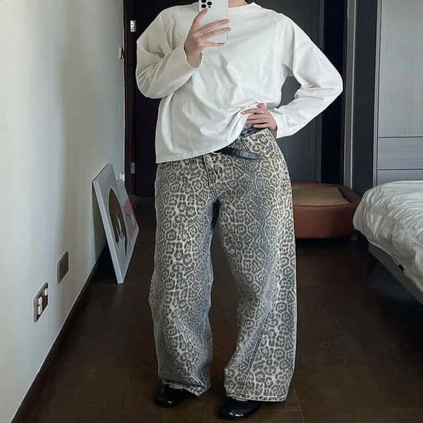 HOUZHOU American Leopard Wash jeans womens Y2K retro stacked beige high waisted straight pocket 240809wtt