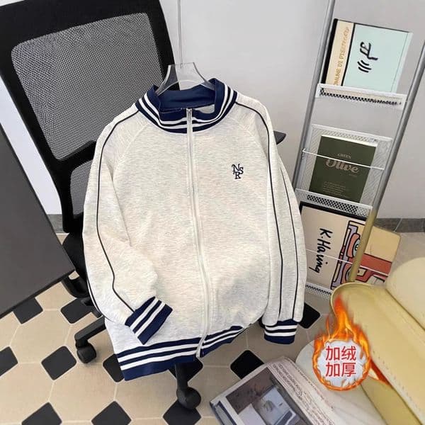 American Designer Shirt Style Heavyweight Cardigan Sweatshirt Unisex Color Block Stand Collar Fleece Baseball Jacket Trendy Couple Lazy Designer Hoodie Style