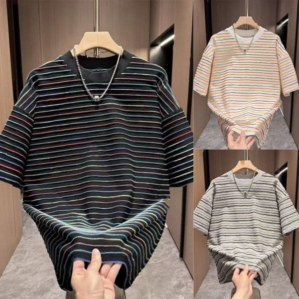 Striped T-shirt Men 2025 Designer Shirt Summer New American Designer Hoodie Style Trendy Brand Short Sleeve Casual Loose Fashion Trendy Versatile Top
