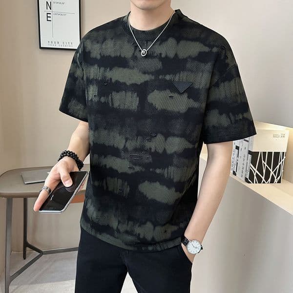 Round Neck Designer Hoodie Heavyweight Short Designer Shirt Sleeve T-shirt For Men Summer Thin 2025 New Camouflage Half Sleeve Men's Clothing Distressed Ice Silk