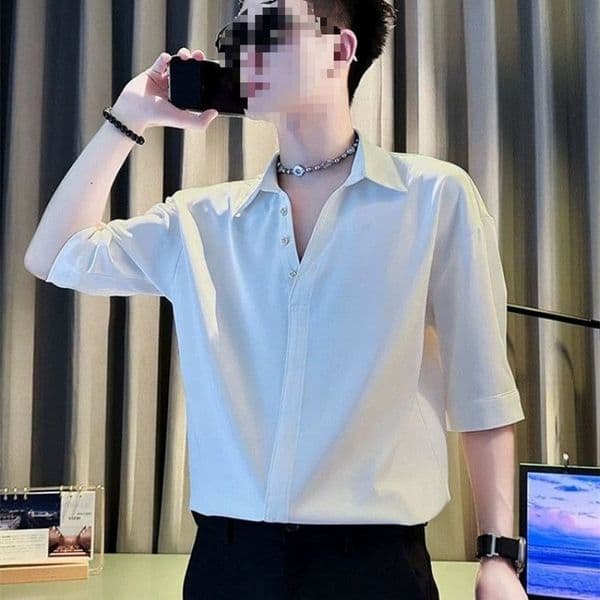 Summer V-neck Ice Silk Short Sleeve Shirt Men Draped Inch Shirt Designer Shirt Casual Handsome Designer Hoodie New Five-quarter Sleeve Quick-dry Shirt