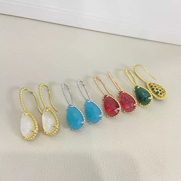 Designer Brand Droplet Dangle Earrings 925 sterling silver droplet with 18k gold bead edge, red chalcedony gemstone pendant Jewelry Luxury