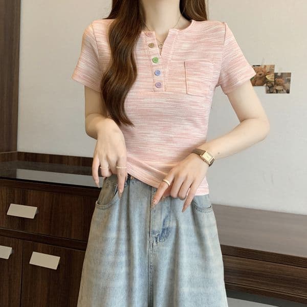 Pink Striped Colorful Button Designer Shirt V-neck Designer Hoodie Regular Shoulder Short Sleeve T-shirt For Women Summer Plus Size Fat MM Dopamine Top