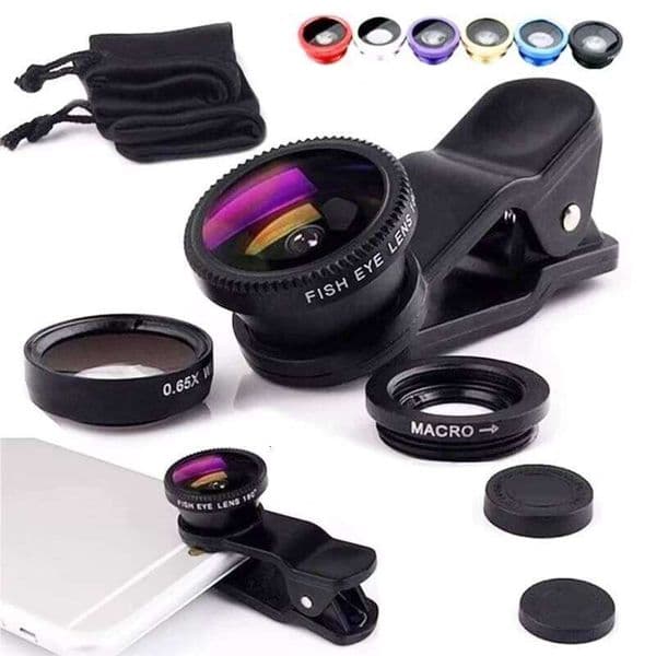 3in1 Fisheye Wide Angle Micro Camera Lens iPhone 16 15 14 13 11 Zoom Fish Eye Len for Smartphone Lenses with Phone Clip