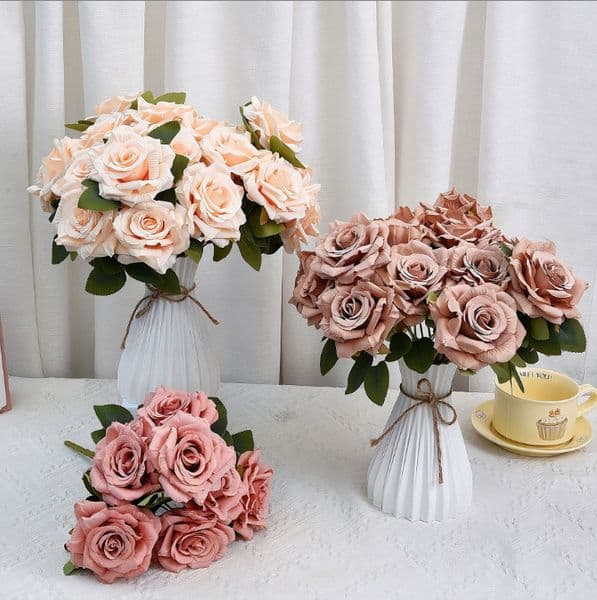 7-head cappuccino with rolled edges, retro rose artificial flowers, home decoration, flower arrangement, wedding hand-held bouquet, 35CM artificial flowers