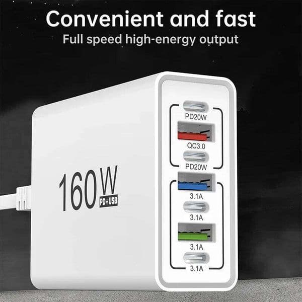 6 Ports 160W PD Fast Charging Type Phone Charger Adapter For iPhone Samsung Xiaomi USB C Quick Charge