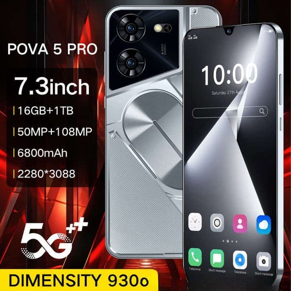 HOT Pova 5 pro New 7.3HD Global Edition Original Dual Card 7800mAh Battery Facial Recognition Function Smart 5G Phone 7.3 Inch 16+1T Android