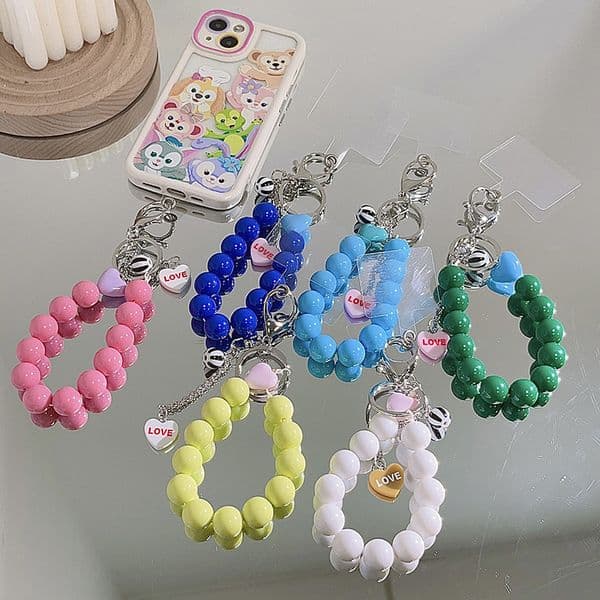 Korean Cute Love Heart Beaded Colorful Phone Bracelet For iPhone Accessories Anti-Lost Chain Lanyard Hanging Cord Sweet Gift